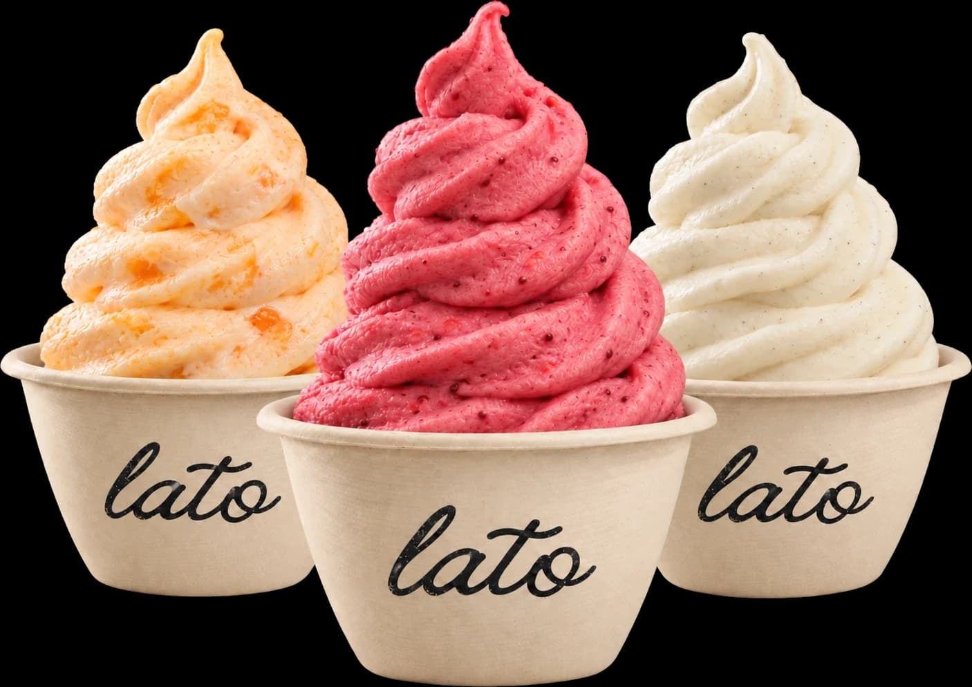 Three swirls of real fruit ice cream in Lato cups: peach, strawberry and vanilla