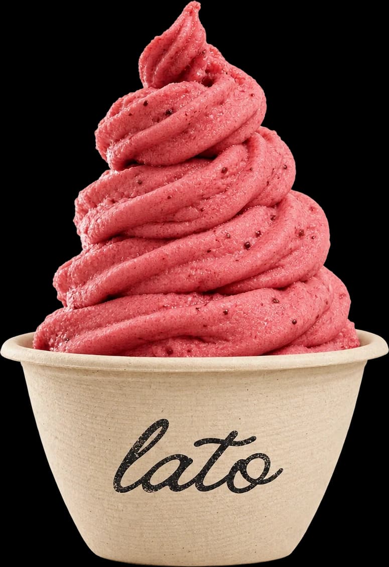 A recycled paper cup of strawberry real fruit ice cream, swirled high, printed with the Lato wordmark